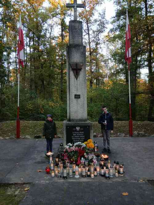 Pomnik Ofiar II Wojny Światowej w Lesie Bytyńskim w pobliżu wsi Grzebienisko (pow. szamotulski), fot. Szkoła Podstawowa im. Andrzeja i Władysława Niegolewskich w Rudnikach.