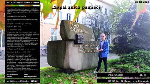 Obelisk pamięci Cegielszczaków w Poznaniu, Pola Otocka Szkoła Podstawowa nr 51 im. Bronisława Szwarca w Poznaniu