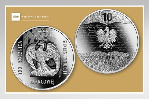 Awers i rewers srebrnej monety NBP upamientniającej 100. rocznicę Konstytucji Marcowej
