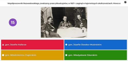Fragment quizu „Generał Tadeusz Jordan Rozwadowski”; wykorzystano fotografię – od lewej: gen. Włodzimierz Zagórski, gen. Władysław Sikorski, gen. Tadeusz Rozwadowski, 1925 r.; źródło: Wikimedia Commons