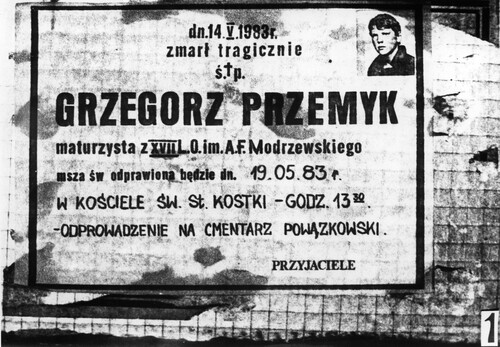 Nekrolog Grzegorza Przemyka informujący o pogrzebie w dniu 19 maja 1983 r. Zbiory AIPN