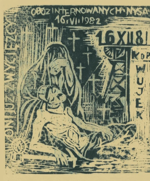 Pamiątkowa litografia poświęcona ofiarom stanu wojennego, obóz dla internowanych, Nysa, 1982 r. Domena publiczna