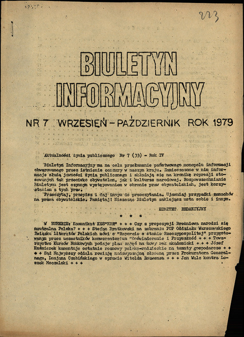 Pierwsza strona "Biuletynu Informacyjnego", wydawanego przez KSS "KOR", 1979 r. Zbiory AIPN.