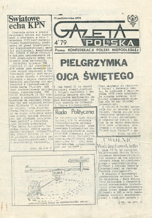 Pierwsza strona pisma KPN "Gazeta Polska", 1979 r. Ze zbiorów Artura Kasprzykowskiego.