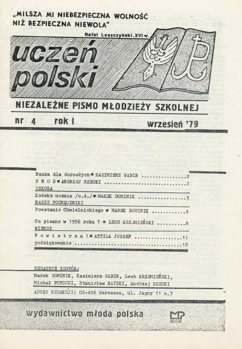 Pierwsza strona pisma "Uczeń polski", 1979 r. Ze zbiorów Artura Kasprzykowskiego.