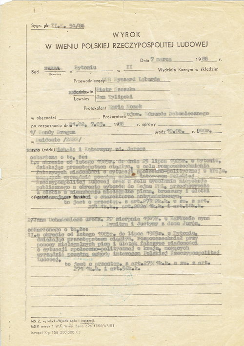Wyrok Sądu Rejonowego w Bytomiu z dnia 7 marca 1986 r., sygn. akt II.K 54/86. Odpisy w posiadaniu autora, zbiór prywatny.