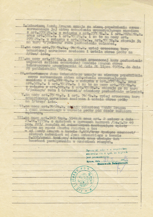 Wyrok Sądu Rejonowego w Bytomiu z dnia 7 marca 1986 r., sygn. akt II.K 54/86. Odpisy w posiadaniu autora, zbiór prywatny.