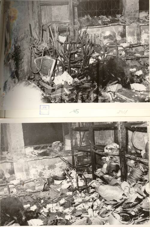 Fotografie na karcie zabezpieczającej, dokumentujące stan zniszczeń po zdławieniu ognia w pomieszczeniu magazynowym w Komitecie Wojewódzkim PZPR w Radomiu. Autor: nieznany. Radom, 25 czerwca 1976 r. Fot. Archiwum IPN.