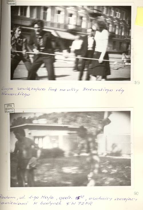 Fotografie na karcie zabezpieczającej. Obrazy przedstawiają zaangażowanych w uliczne walki z ZOMO mieszkańców Radomia. Autor: nieznany. Radom, 25 czerwca 1976 r. Fot. Archiwum IPN.