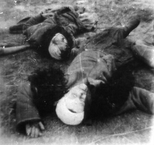 Na wznak leżą na ziemi zamordowane przez nacjonalistów ukraińskich babka i ciotka Franciszki Szczygielskiej