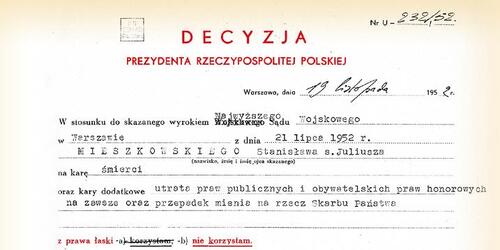 Decyzja prezydenta Bolesława Bieruta odmawiająca ułaskawienia skazanego na karę śmierci komandora Stanisława Mieszkowskiego
